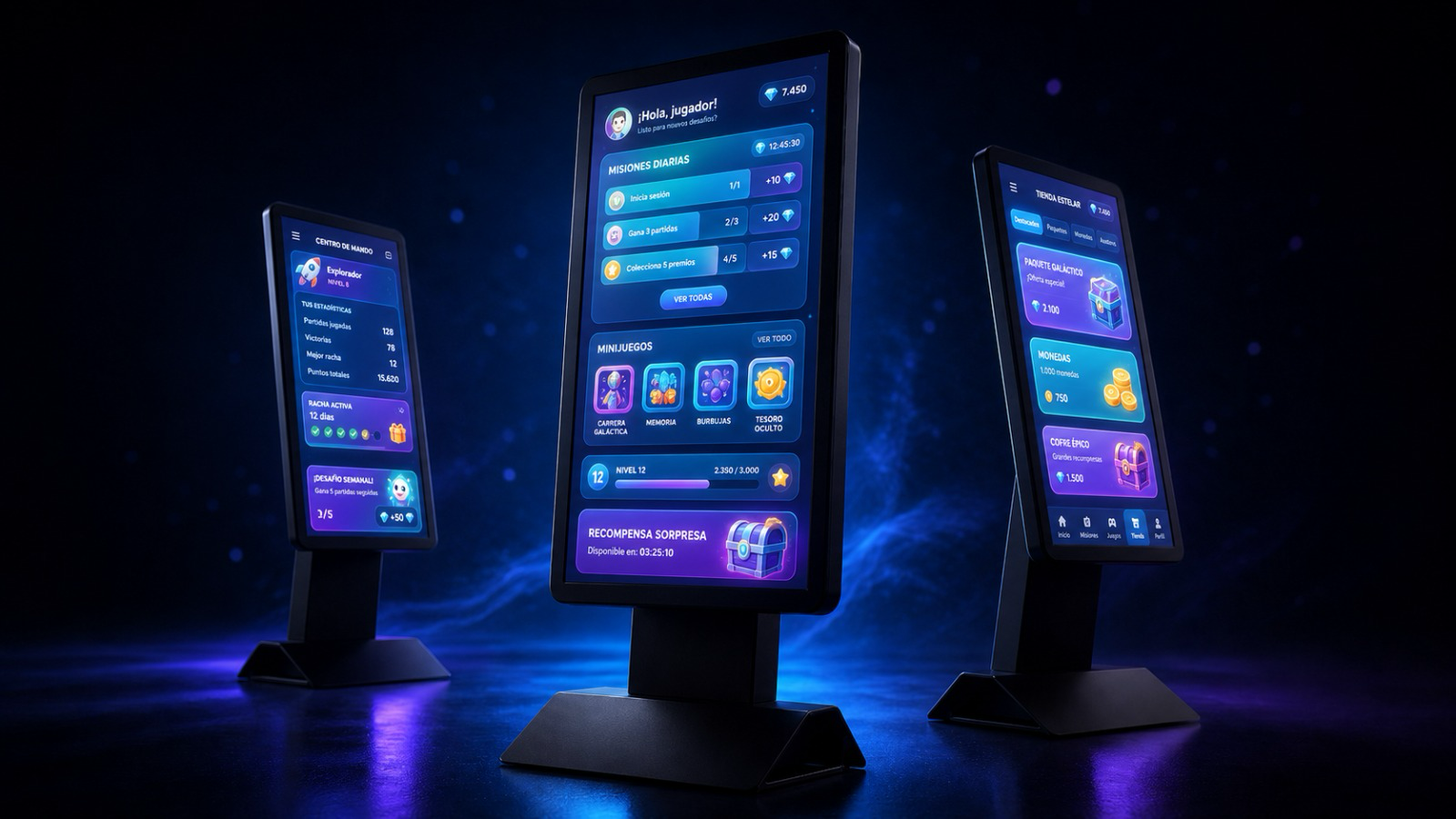 Tótem interactivo Playtek con juegos digitales y tarjetas flotantes